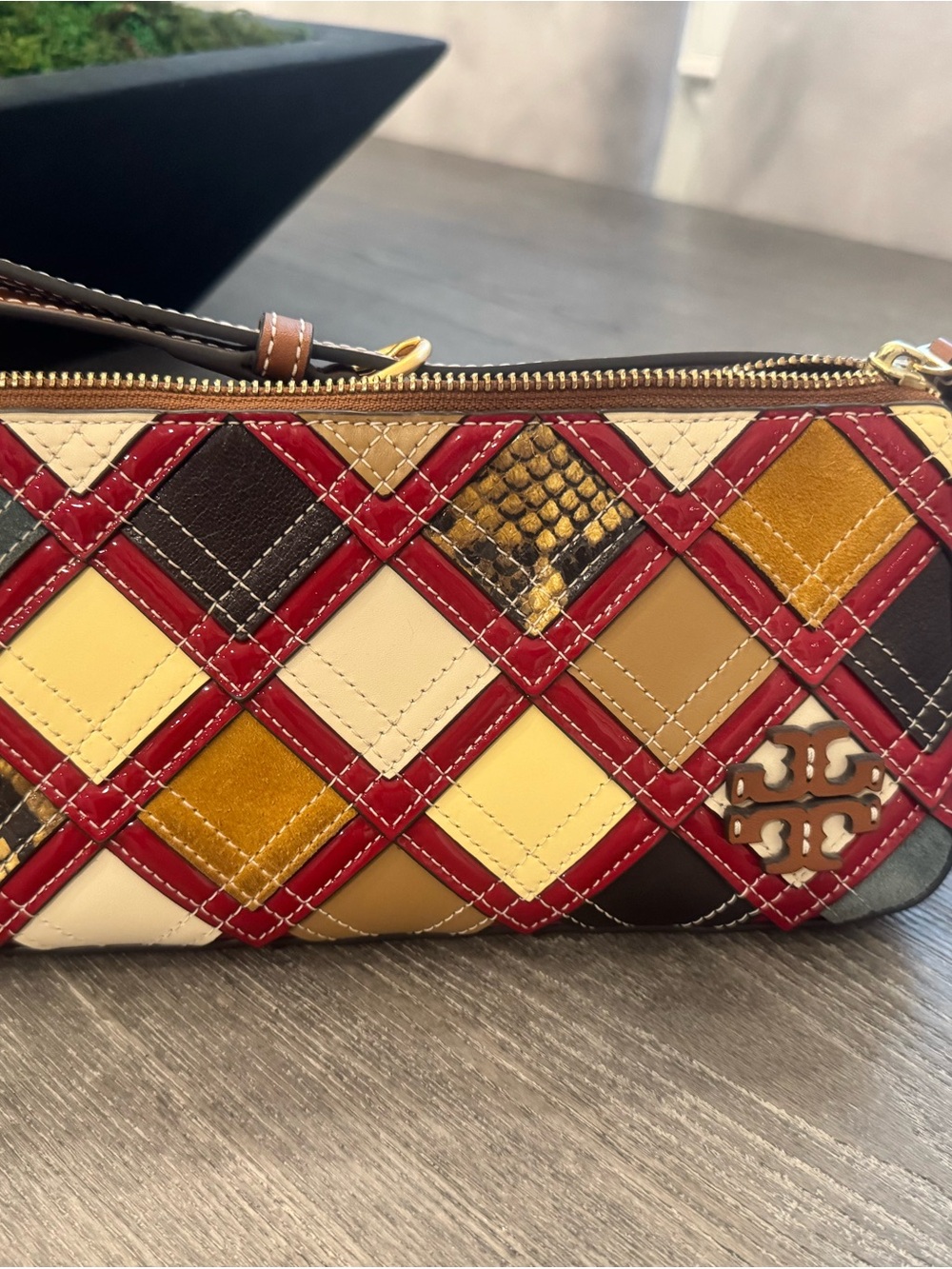 Tory Burch Patchwork Quilted Leather Wristlet in Red, Cream, Tan & Brown - Picture 2 of 5